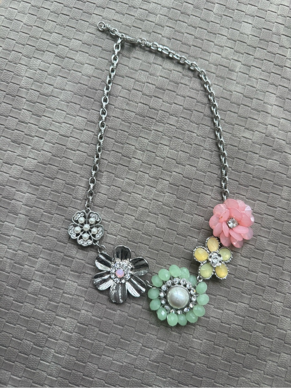Floral Multicolor Statement Necklace - Pink, Green, Yellow & Silver